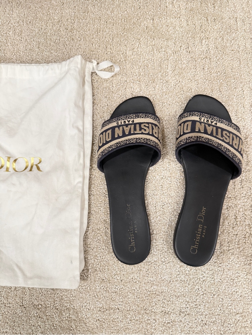 Dior Deep Blue & Beige Embroidered Logo Slide Sandals - Picture 7 of 10